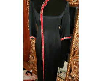 Vintage 80&#39;s Black Satin Cheongsam Dress with Red and Gold Trim