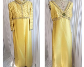 Vintage 60's Original Bernetti Lemon Yellow Silk Beaded Gown and Evening Coat