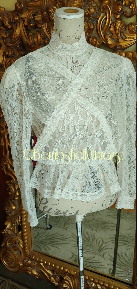 Vintage 70's Notches White Lace High Collar Peplum