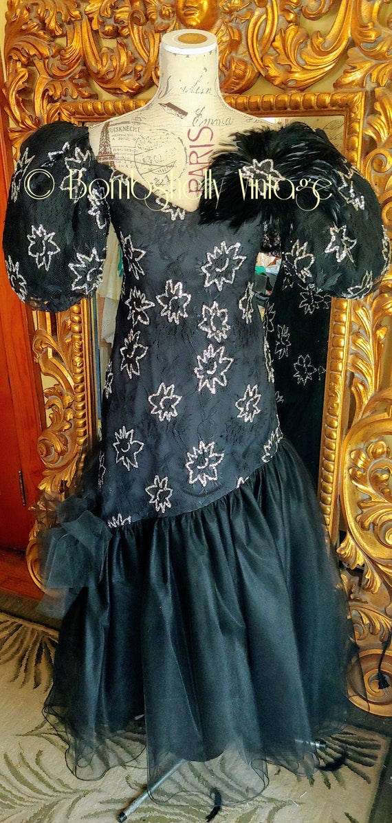 Vintage 80's Scassi Black Lace and Tulle Gown with