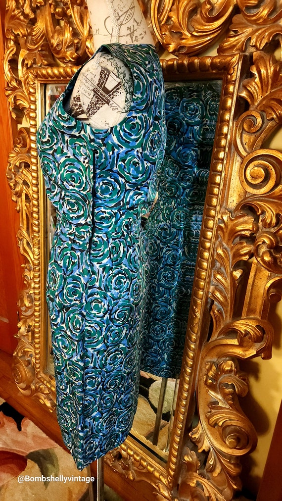 Vintage 50's Blue and Green Abstract Floral Silk … - image 2