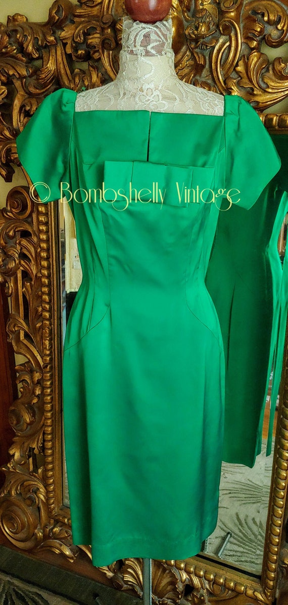 Vintage 1950's Emerald Green Satin Wiggle Dress L… - image 1