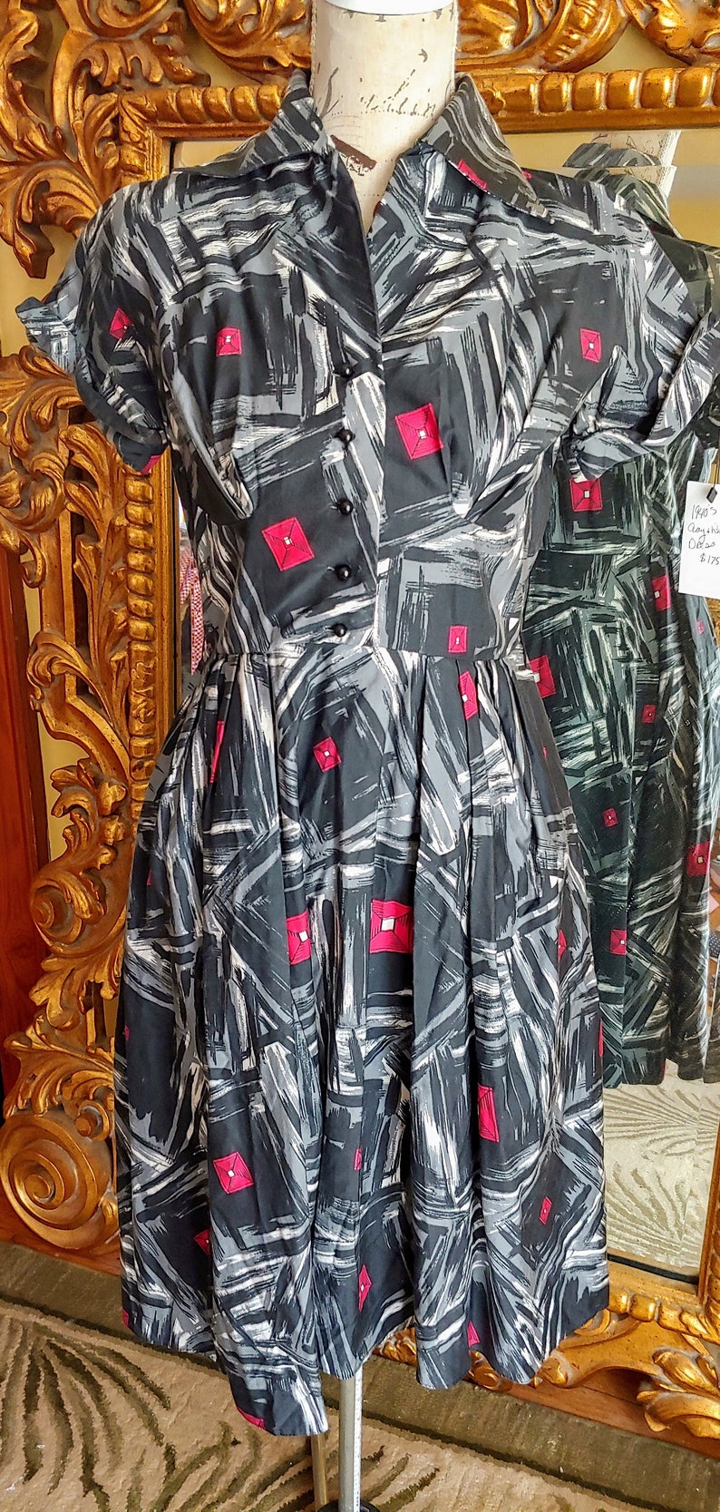 Vintage 1940's Black and Gray Abstract Print Cotton Dress image 2
