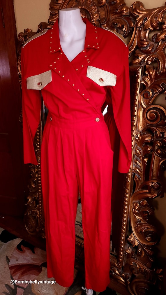 Vintage 80's Rio Inc Red Cotton Studded Jumpsuit