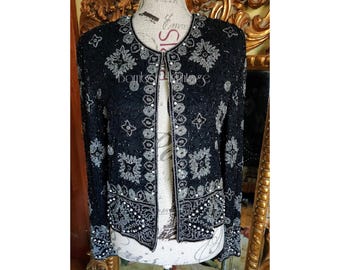 Chaqueta de noche vintage Papell Boutique Evenings de los años 90 con cuentas negras y plateadas