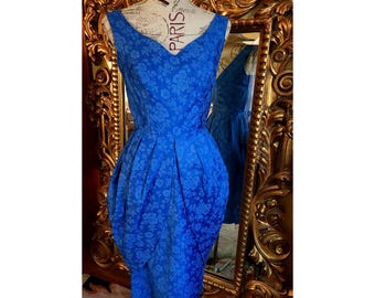 Vintage 50's Blue Cotton Jaquard Bubble Dress