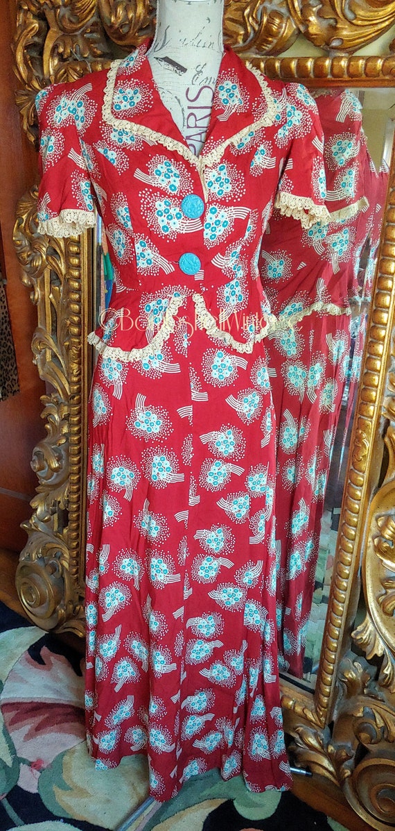 Vintage 70's does 30's Red and Blue Floral Open Ba