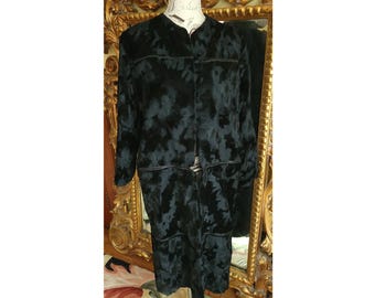 Vintage Black Crushed Velvet Fur Look  Convertable Length Zipper Coat Artisan Made