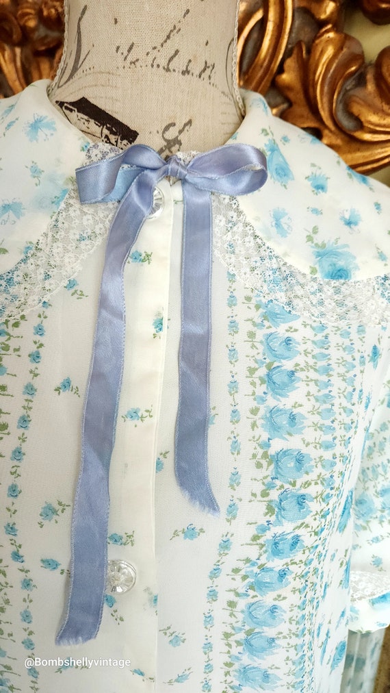 Vintage 50's Dreamwear Blue Floral Chiffon House … - image 6