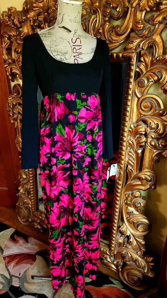 Vintage 60's Black and Hot Pink Floral Maxi Dress