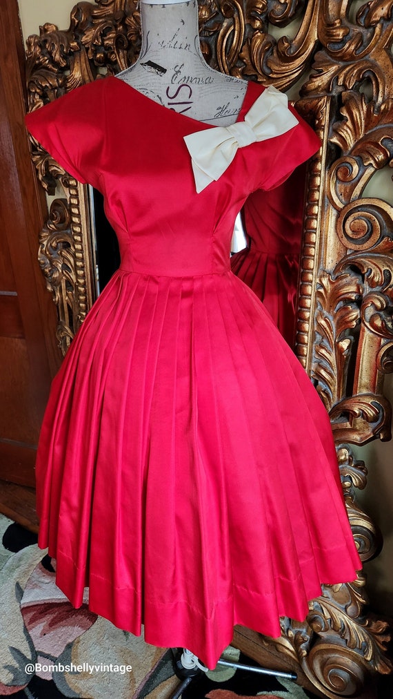 Vintage 50's Red Acetate Fit and Flare Pleated Dr… - image 1
