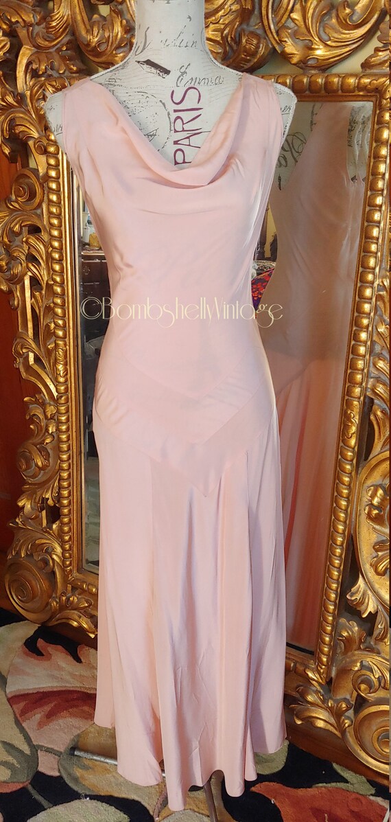 Vintage 30's Pink Rayon Cowl Neck Bias Cut Long Dr
