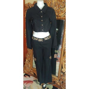 Vintage Y2K The Blues Black & Gold Sequin Denim Cropped Jacket and Low Rise Jeans