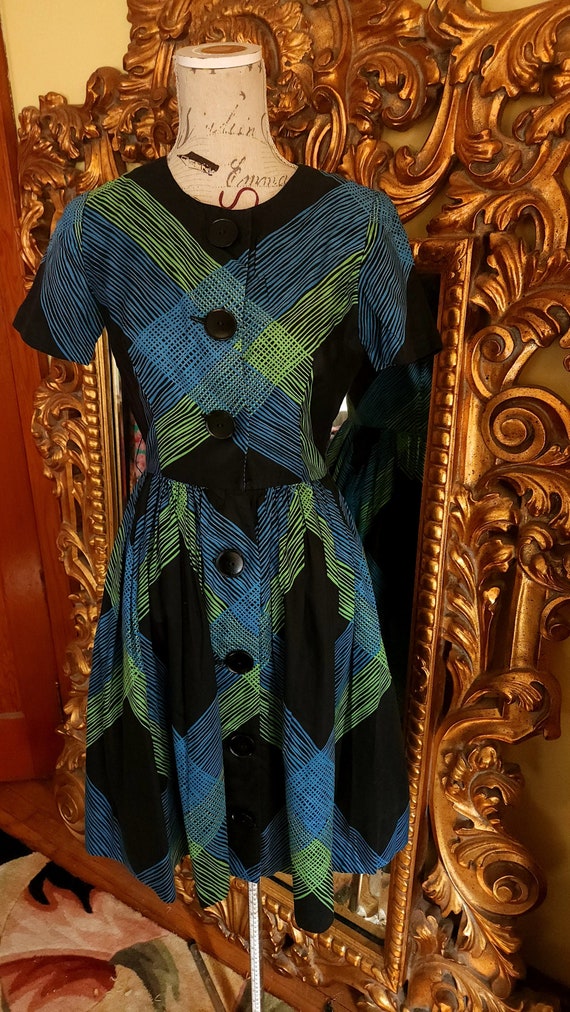 Vintage 50's Black Blue and Green Fit and Flare Da