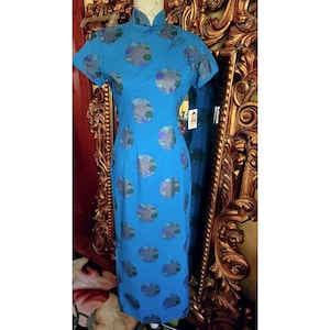 Vintage 60&#39;s Alfred Shaheen Blue Hand Screened Cotton Cheongsam Long Dress