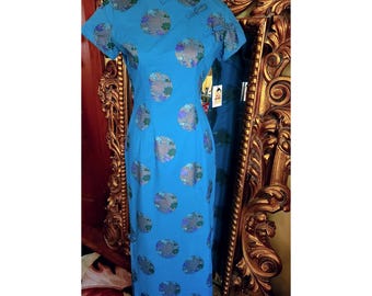 Vintage 60&#39;s Alfred Shaheen Blue Hand Screened Cotton Cheongsam Long Dress