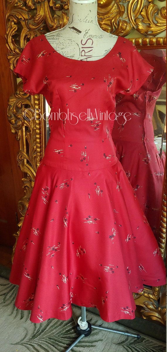 Vintage 50's Deep Red Dropped Waist Dress with Ful