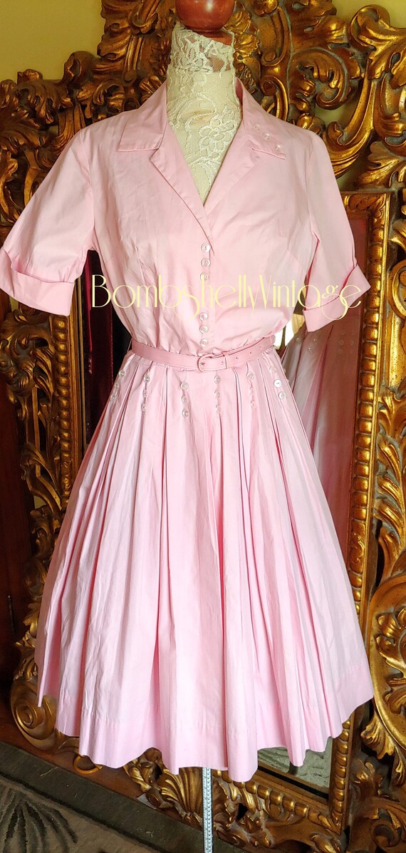 Vintage 50's Candy Pink Shirt Waist Pleated Dress