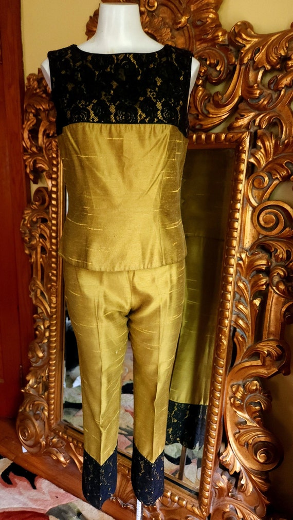 Vintage 60's Chartreuse Dupioni Silk and Black Lac