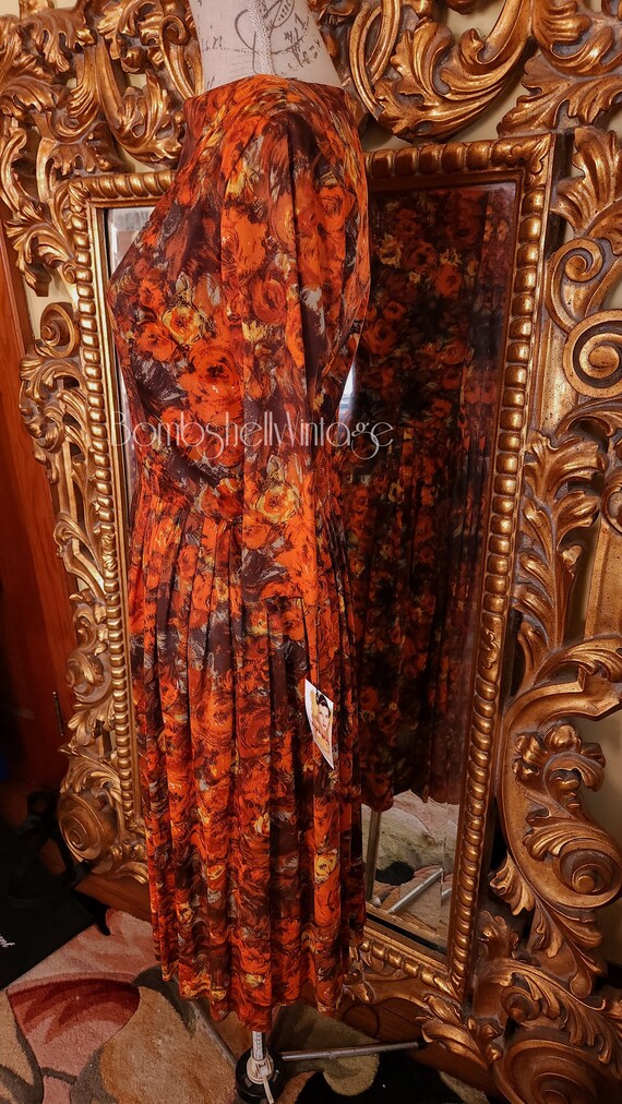 Vintage 60's Fall Floral Print Rayon Jersey Pleat… - image 4