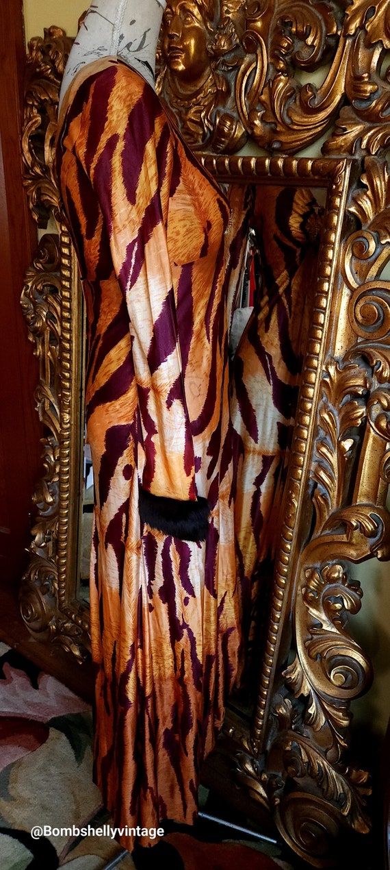 Vintage 70's Tiger Stripe Maxi Dress with Rabbit … - image 2