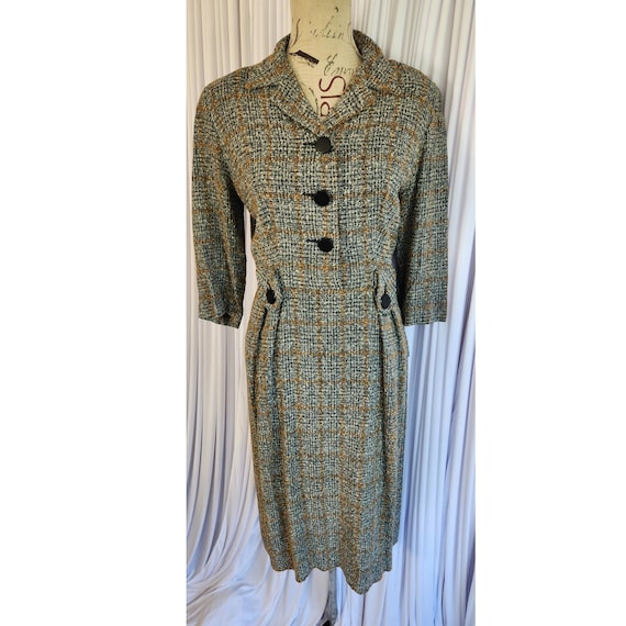 black and gold plaid dress White, Gold, & Black Plaid Fuzzy Chore Dress with Flutter Sleeve - M