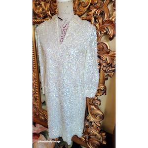Vintage 60&#39;s White Irredescent Sequined Shirt Dress