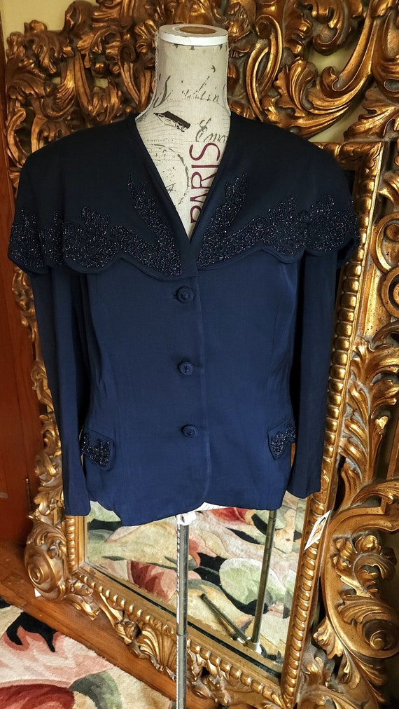 Vintage 40's Navy Blue Beaded Cape Shoulder Blazer