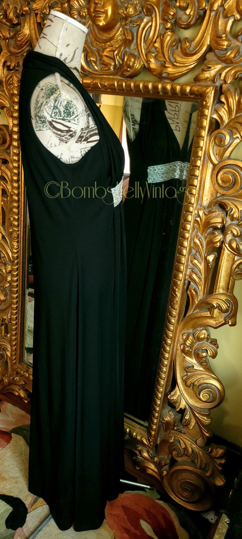 Vintage 70's Julie Miller Black Goddess Gown with Metallic Trim image 2