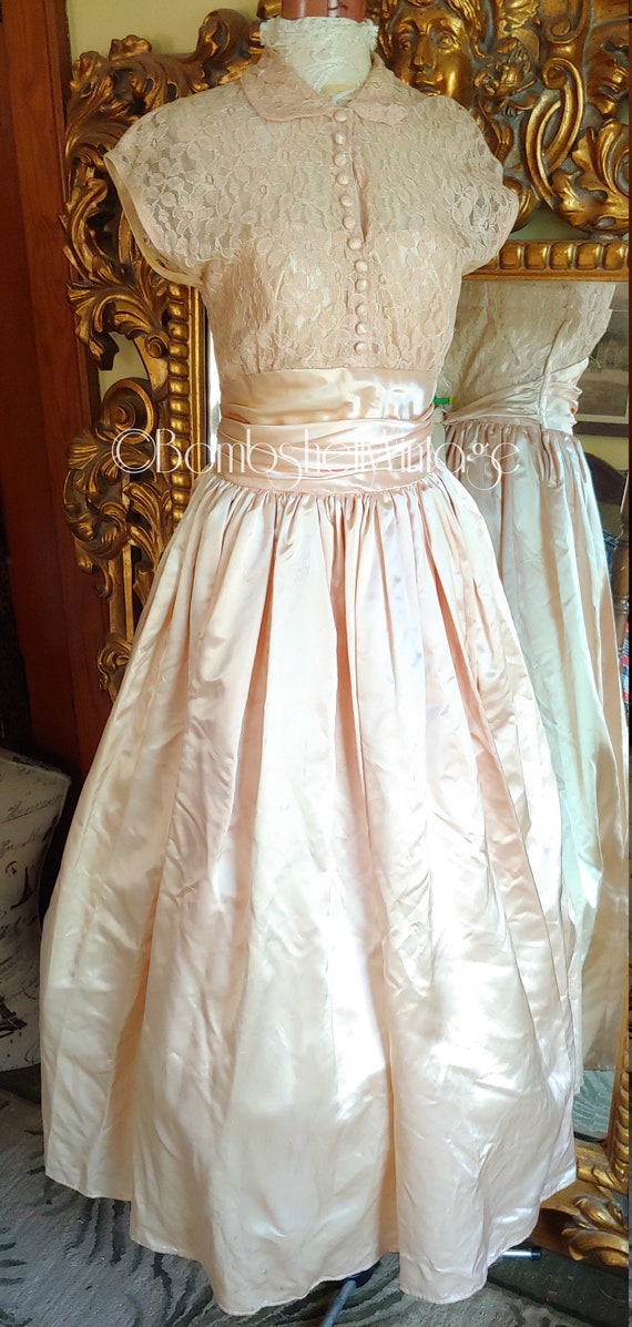 Vintage 1950's Peachy Pink Satin Bridal Formal Gow