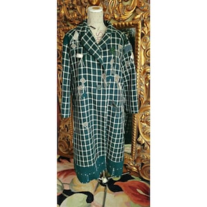 Vintage Artisan Made Green Window Payne Long Wool Coat with Abstract Patchwork Designs