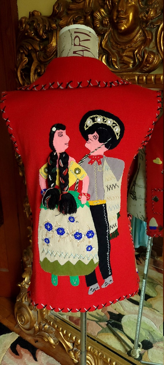 Vintage 60's Collage Red Mexican Style Folk Art Sw