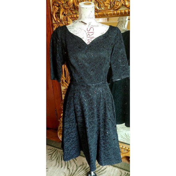 Vintage 1950's Julius Garfinckel Black Lace Sequined Cocktail Dress with Belt. Mint! Vintage 1950's Julius Garfinckel Black Lace Sequined Cocktail Dress with Belt. Mint!