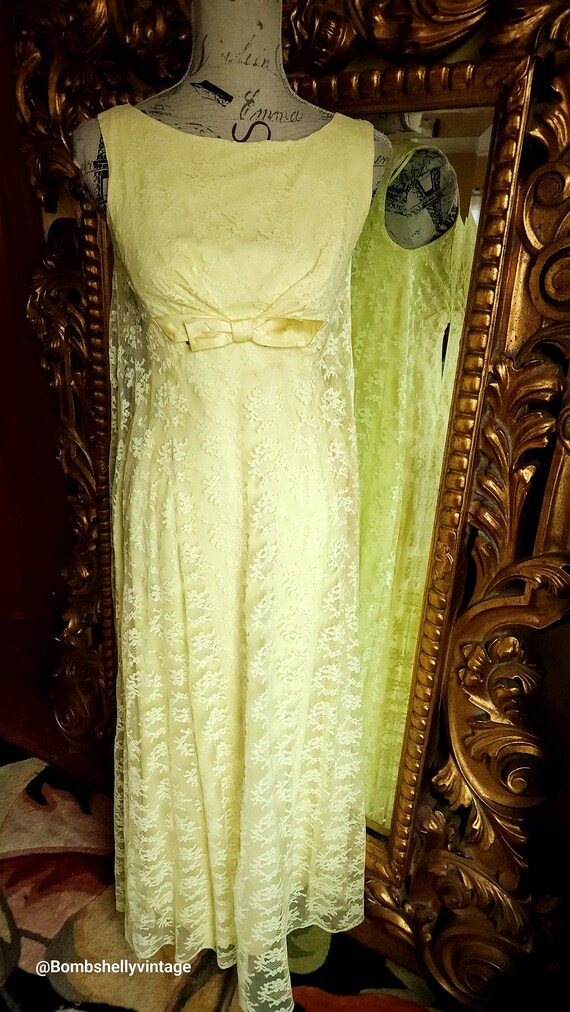 Vintage 60's Lemon Yellow Lace Formal Gown