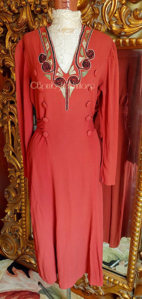 Vintage 30's Burnt Orange Rayon Crepe Embroidered