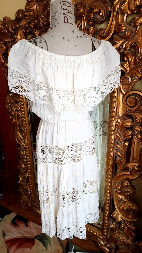 Vintage 70's White Cotton Mexcian Peasant Dress - image 5