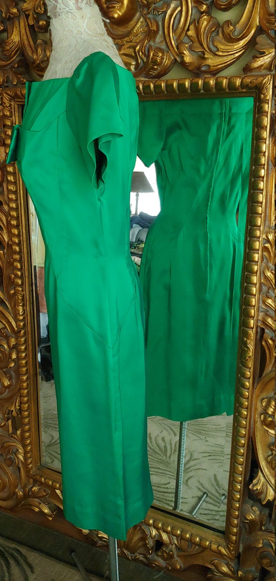 Vintage 1950's Emerald Green Satin Wiggle Dress L… - image 5