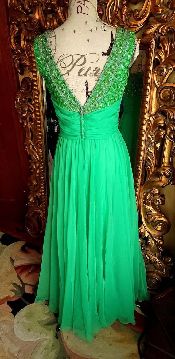 Vintage 60's Mike Benet Green Chiffon Beaded Form… - image 3