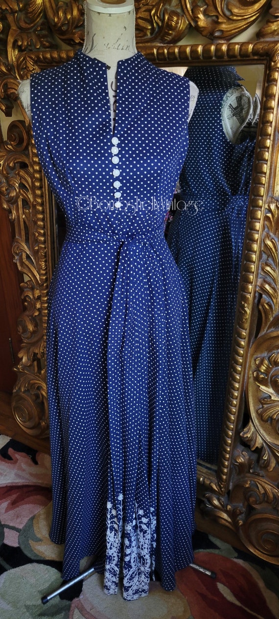 Vintage 70's Leslie Fay Navy Blue Swiss Dot Maxi D