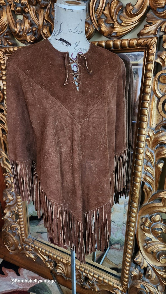 Vintage 70's Brown Mexican Suede Poncho with Lace 