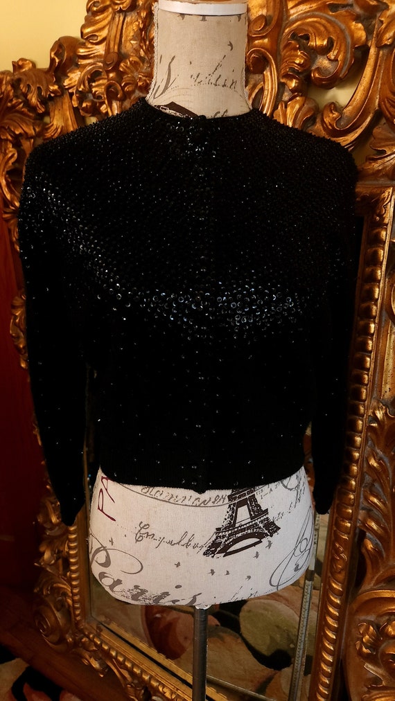 Vintage 50's Black Sequin Wool Cardigan