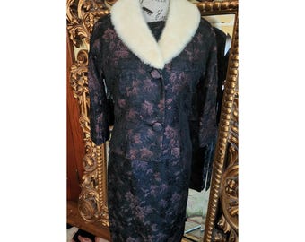 Vintage 50's Harrod's California Brown and Black Brocade Three Piece Skirt Suit with Genuine White Mink Collar