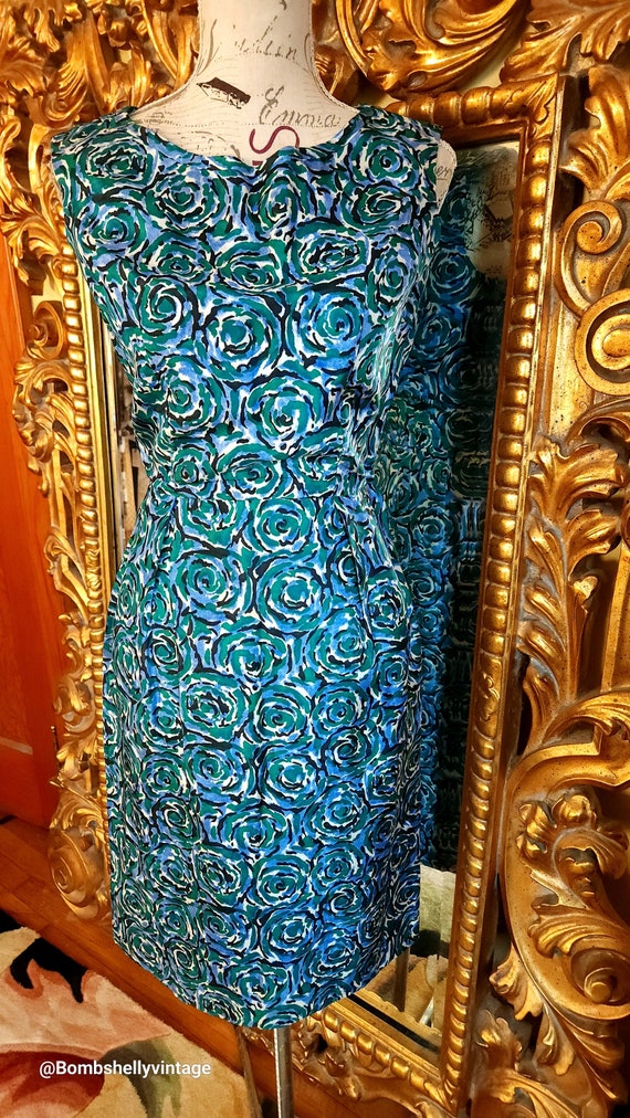 Vintage 50's Blue and Green Abstract Floral Silk W