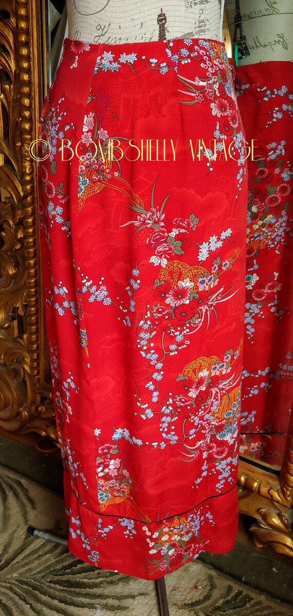 Vintage 80's CLIO Red Asian Print Straight Skirt