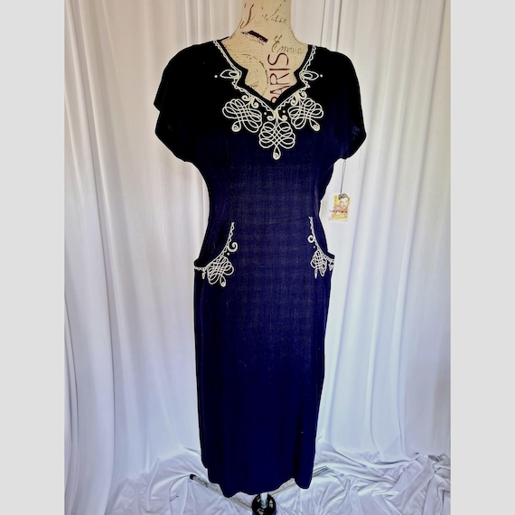 Vintage 40's Navy Blue Linen Embroidered Dress wi… - image 1
