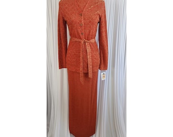 Vintage 70's Rona Burnt Orange and Gold Metallic Knit 4pc Maxi Skirt and Cardigan Set