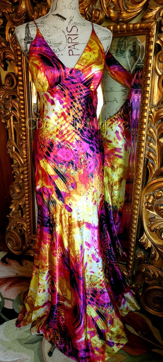 Vintage 90's Caché Sexy Low Back Vibrant Print Go… - image 1