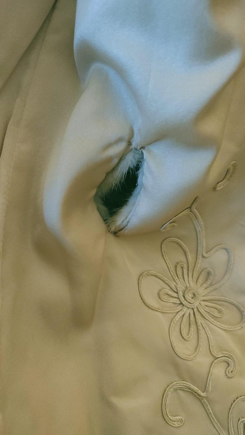 May include: Close-up of a pale beige fabric with a tear, revealing a dark interior. The fabric has a satin-like sheen and is decorated with embroidered floral designs. The tear exposes a fluffy, light-coloured material.