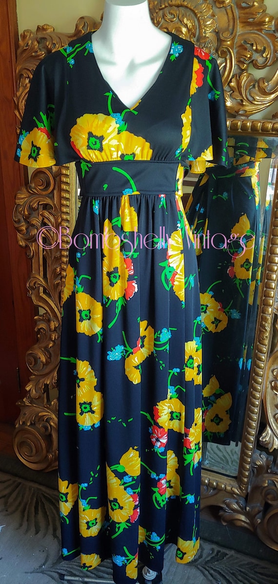 Vintage 70's Flutter Sleeve Black and Yellow Maxi