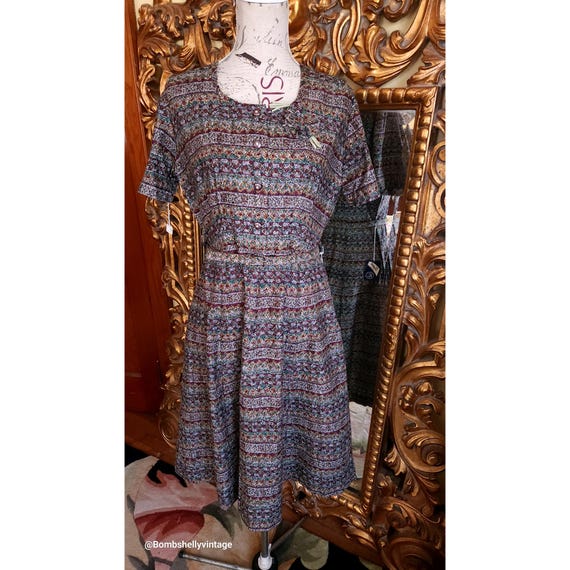 Vintage 50's Ann Taylor Dark Floral Cotton Shirt Waist Dress Deadstock